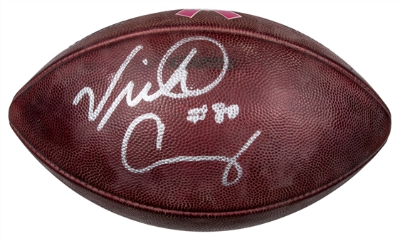Victor Cruz Game Used and Signed Breast Cancer Awareness Football With 11x14 Signed Photo (NFL-PSA/DNA)